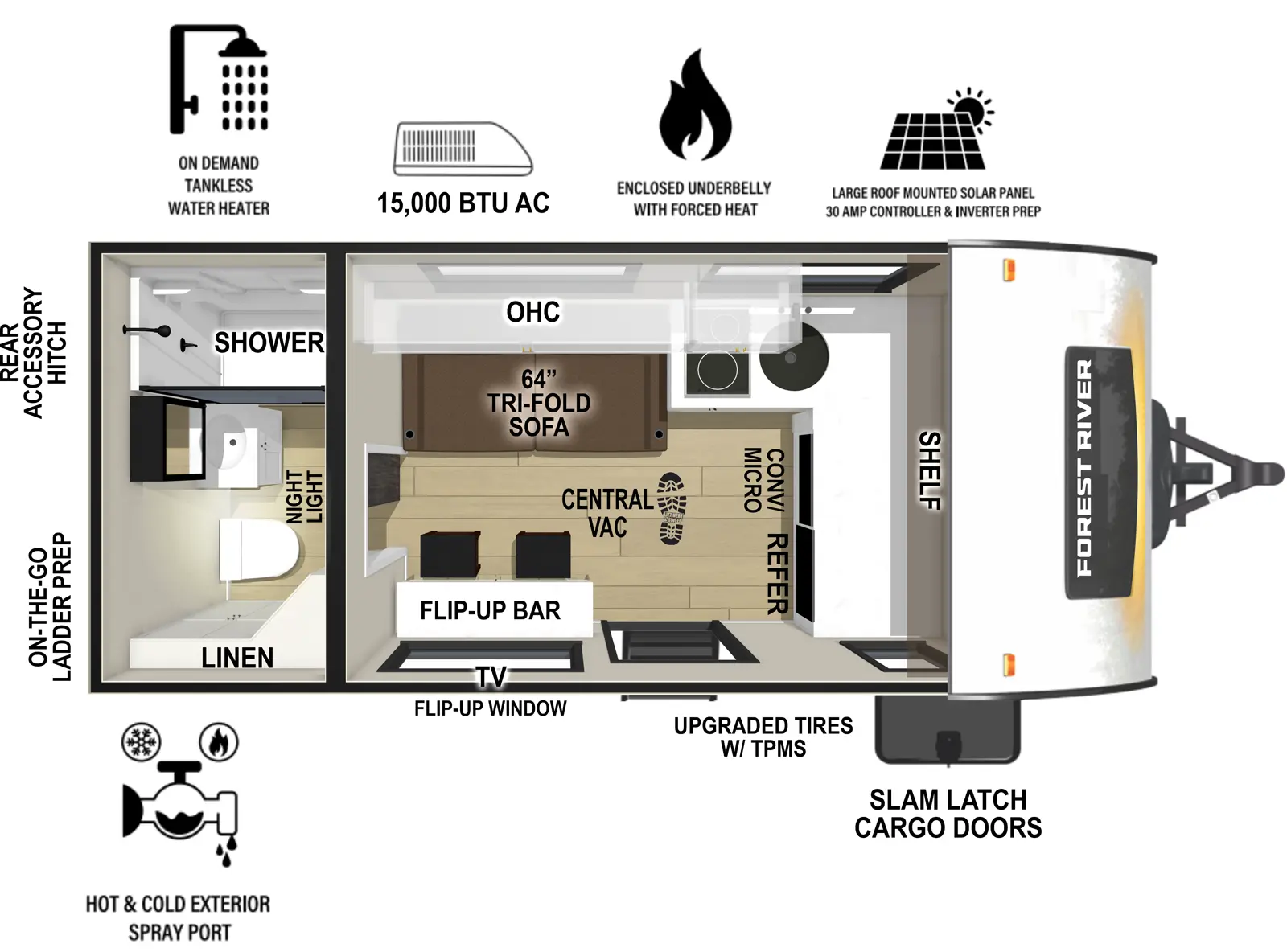 The RP-150 has zero slideouts and one entry. Exterior features slam latch cargo doors, upgraded tires with TPMS, hot and cold spray port, on-the-go ladder prep, rear accessory hitch, on demand tankless water heater, 15,000 BTU air conditioner, enclosed underbelly with forced heat, large roof mounted solar panel 30 amp controller & inverter prep. Interior layout front to back: front shelf and kitchen counter with refrigerator and convection microwave continues to off-door side with sink and cooktop; door side entry, flip up bar with seats, TV, and flip-up window; off-door side tri-fold sofa with overhead cabinet; rear full bathroom with linen closet and night light.